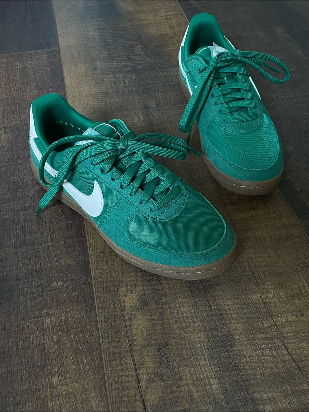 Green Nike Field General Sneakers with White Swoosh and Gum Sole